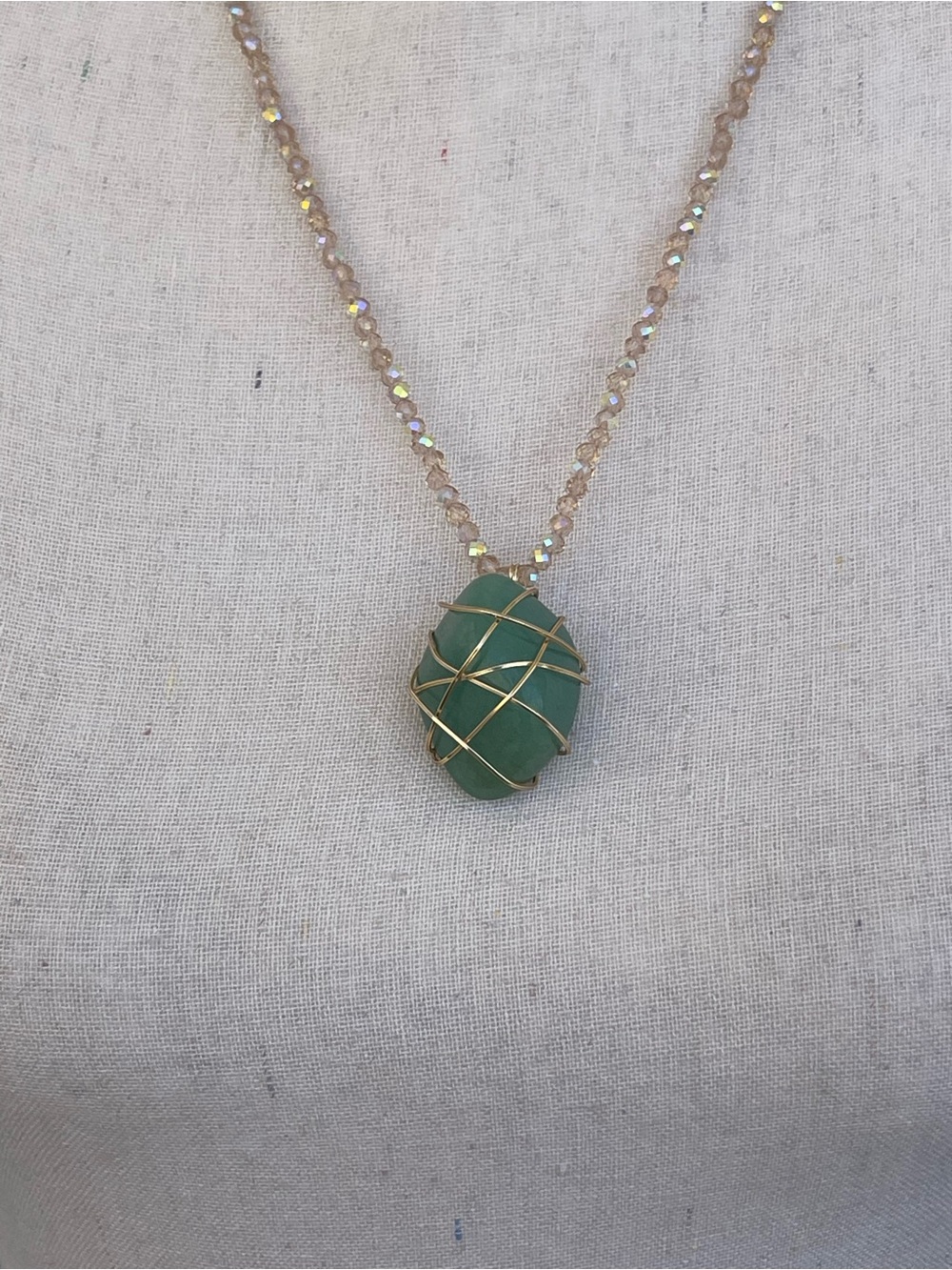 Green Aventurine Gold Tone Wire Wrap Necklace on Champagne Glass Beads  Handmade - Picture 3 of 5